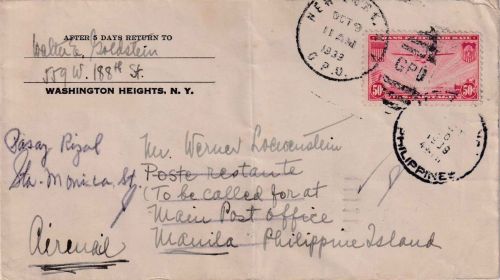 USA - 50 C. China Clipper Luftpostbrief n. PHILIPPINEN New York - Manila 1939