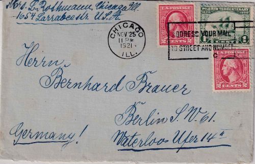 USA - 1 C. 300 J. Pilgrim u.a. Brief Chicago - Berlin 1921