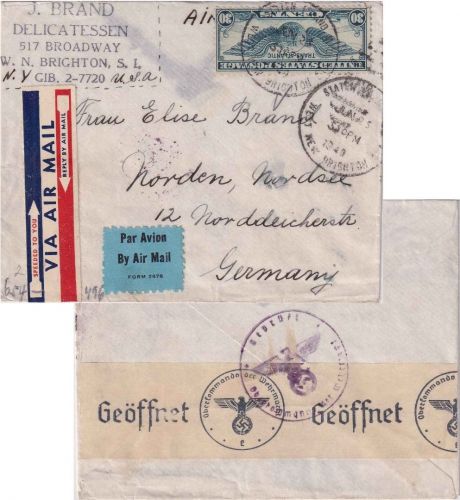 USA - 30 C. Flugpost Luftpostbrief Staten Island - Norden 1940 OKW-Zensur
