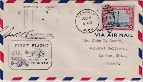 USA - Firstflight Detroit/London (Canada) Luftpostbrief Jul 15, 1929