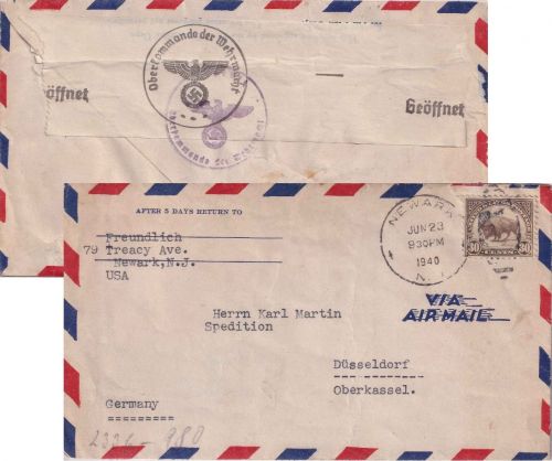 USA - 30 C. Bison Luftpostbrief Newark - Düsseldorf 23.6.40 OKW-Zensur