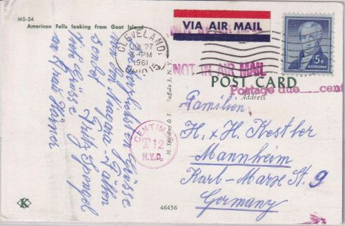 USA - 5 C. Monroe Luftpostkarte Cleveland - Mannheim 1961 Nachporto