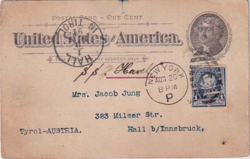 USA - 1 C. Ganzsachenkarte + Zusatz n. ÖSTERREICH New York - Hall i. Tirol 1894