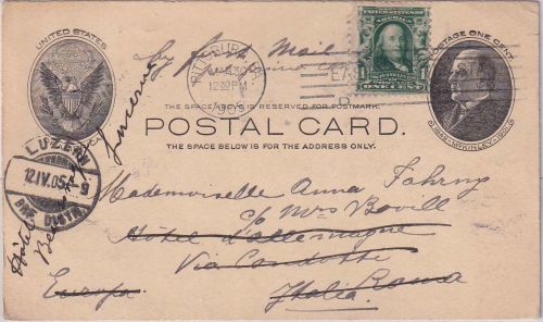 USA - 1 C. Ganzsachenkarte+Zusatz n. ITALIEN Pittsburg1905 Weiterltg. SCHWEIZ !