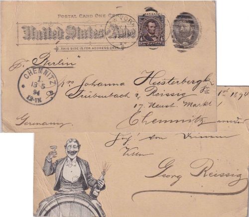 USA - 1 C. Ganzsachenkarte+Zusatz New York - Chemnitz 1894 Illustration !
