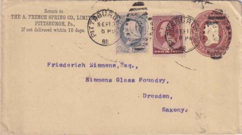 USA - 2 C. Ganzsachenumschlag+Zusatz Pittsburg - Dresden 1886