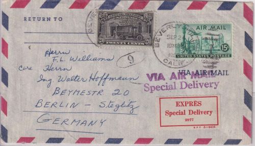 USA - 20 C. Expressmarke u.a. Luftposteilbrief Beverly Hills - Berlin 1953