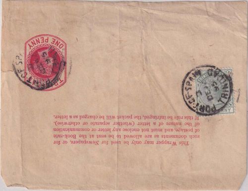 Trinidad - 1 P Victoria Ganzsachenstreifband /Bfstck + Zusatz Port of Spain 1895