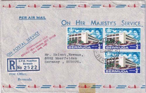 Bermuda - 3x3 P. Postamt Luftpost-Einschreibebrief/FDC Hamilton 23.6.67