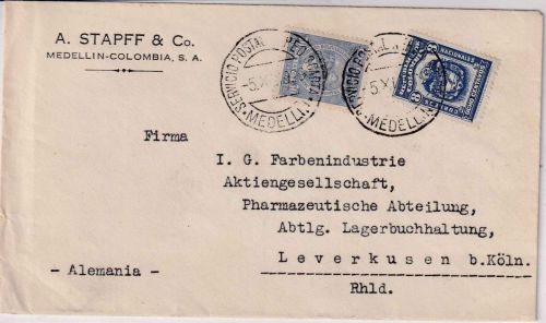 Kolumbien - 8 C. Freimarke + 30 C. Scadta Brief Medellin - Leverkusen 1929