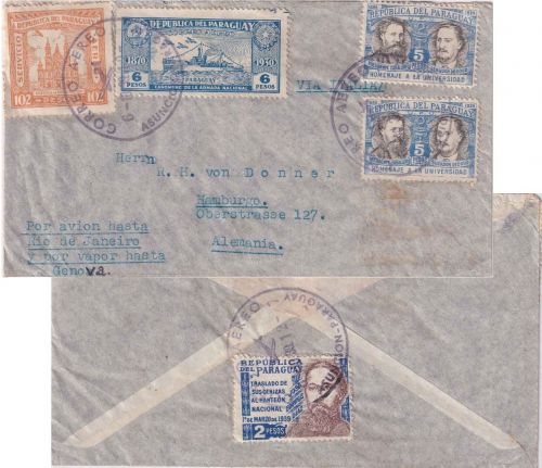 Paraguay - 6 P. Kanonenboot u.a. (Teil-)Luftpostbrief Asuncion - Hamburg 6.10.39