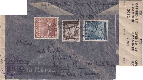 Chile - 6 P. u.a. Flugpost Luftpostbrief Santiago - Köln 1947 brit. Zensur