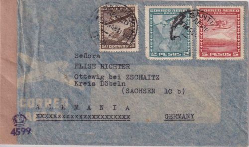 Chile - 5 P. u.a. Flugpost Luftpostbrief Santiago - Ottewig 1948 brit. Zensur