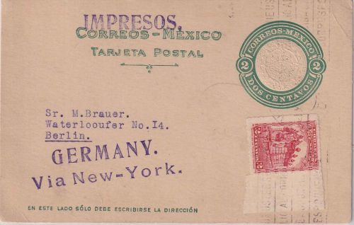 Mexiko - 2 C. Ganzsachenkarte+Zusatz Drucksache Mexico City - Berlin 1925