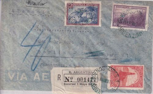 Argentinien - 2 P. Obstbau u.a. Luftpost-Einschreibebrief Buenos Aires 1938