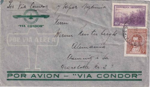 Argentinien - 40 C. Zuckerrohr u.a. Luftpostbrief Buenos Aires - Chemnitz 1939