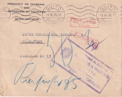Ecuador - Quito 1935 unfrankierter Dienstbrief n. Frankfurt a/M. Nachporto