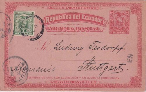 Ecuador - 2 C. Ganzsachenkarte+Zusatz Quito - Stuttgart 1898 Empfänger !!
