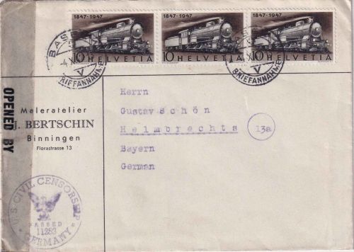 Schweiz - 3x10 Rp. 100 J. Eisenbahn Zensurbrief Basel - Helmbrechts 1947