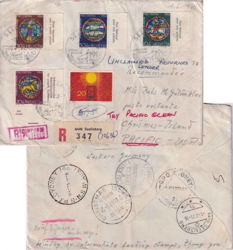 Schweiz - Pro Patria 1968 u.a. Einschreibebrief a.d. WEIHNACHTS-INSELN 1968