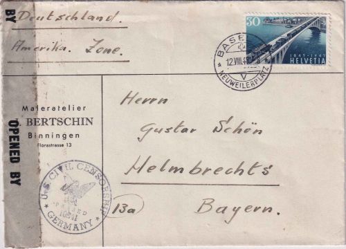 Schweiz - 30 Rp. 100 J. Eisenbahn Zensurbrief Basel - Helmbrechts 1948