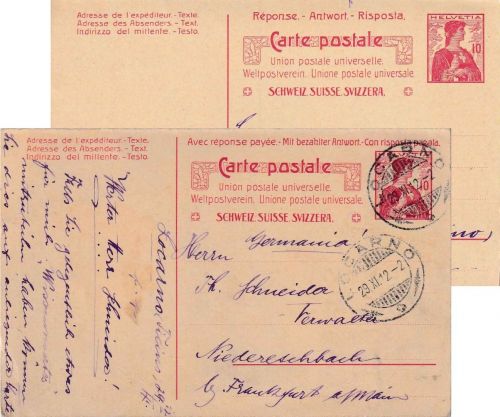 Schweiz - 10/10 Rp. Helvetia Ganzsache/Doppelkarte Locarno - Niedereschbach 1912