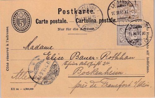 Schweiz - 5 Rp. Ganzsachenkarte + Zusatz Lausanne - Bockenheim 1895