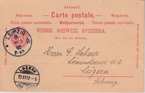Schweiz - 10 Rp. Ganzsachenkarte/Antwortteil Leipzig 8 - Luzern 1902