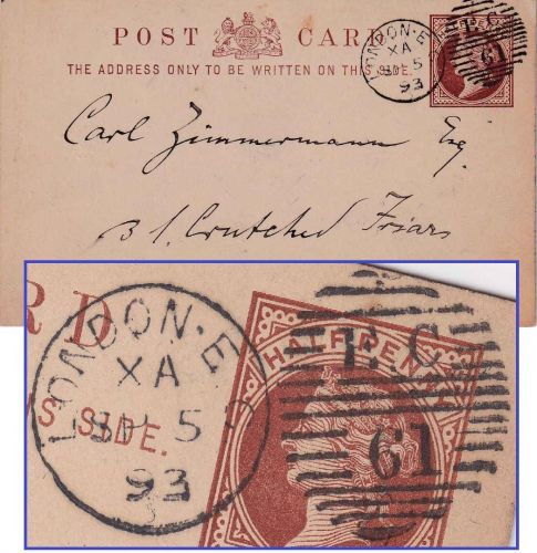 England - 1/2 P. Victoria Ganzsachenkarte/Ortskarte London EC61 1893