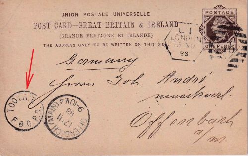 England - 1 P. Ganzsachenkarte K1 "Too late" London - Offenbach 1888