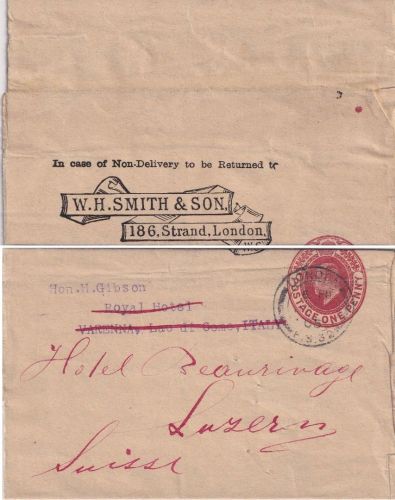 England - 1 P. Ganzsachenstreifband n. ITALIEN London 1905 Weiterleitung SCHWEIZ