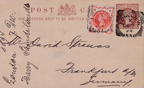 England - 1/2 P. Ganzsachenkarte + Zusatz London - Frankfurt a/M 1894