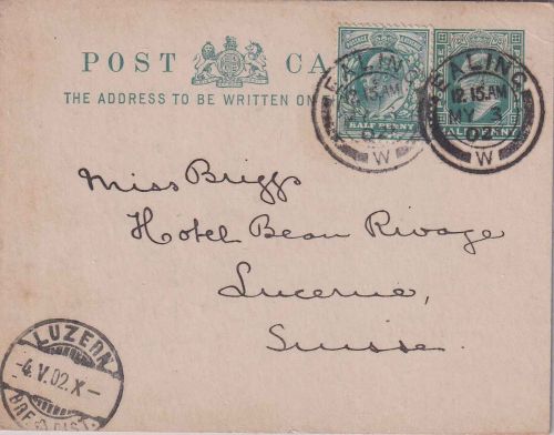 England - 1/2 P. Ganzsachenkarte + Zusatz i.d. SCHWEIZ Ealing - Luzern 1902