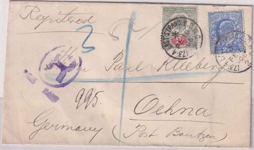 England - 2 1/2+2 P. Edward VII. Einschreibebrief East Strand - Oehna 1906