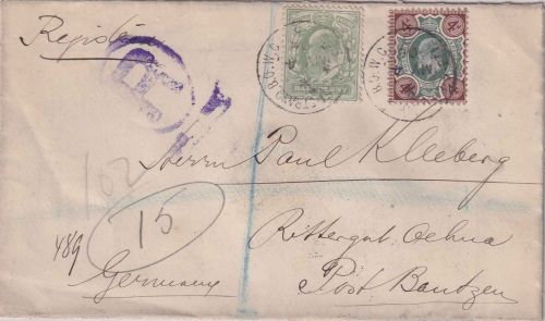 England - 4+ 1/2 P. Edward VII. Einschreibebrief East Strand - Oehna 1906