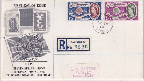 England - 6 P. + 1'6 Sh. Europa Schuck-FDC/Einschreibebrief Camberley 1960