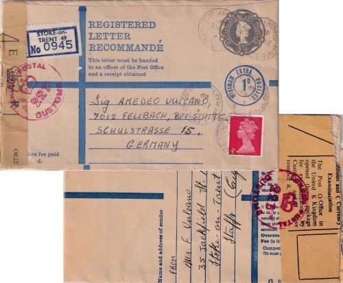 England - 3 Sh.4P. Einschreibeganzsache + Zusatz Stoke-on-Trent - Fellbach 1969