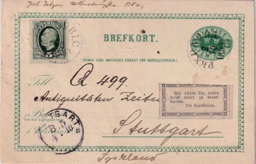 Schweden - 5 Ö. Ganzsachenkarte+Zusatz PKXP No.95/B1C n. Stuttgart 1893