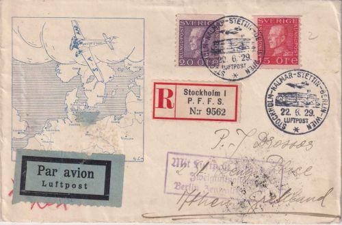 Schweden - Luftpost Stockholm/Wien Lupo-Einschreibebrief Ableitung Athen 1929