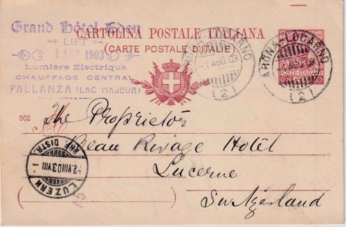 Italien - Arona Locarno Bahnpost 10 C. Ganzsachenkarte i.d. SCHWEIZ Palanza 1903