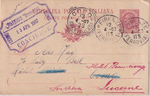 Italien - 10 C. Ganzsachenkarte Florenz - Como 1907 Nachsendung Luzern/SCHWEIZ
