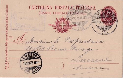 Italien - Arona Locarno Bahnpost 10 C. Ganzsachenkarte i.d. SCHWEIZ Baveno 1902