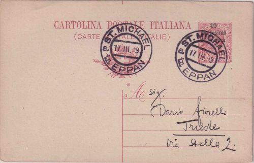 Italien/Südtirol - 10 C. V. Emanuel III. Ganzsache/Überdruck Eppan - Triest 1919