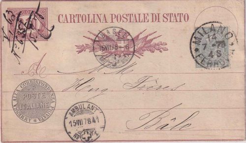 Italien - 0,10 L. Ziffer Ganzsachenkarte + Zusatz i.d. SCHWEIZ Milano Basel 1878