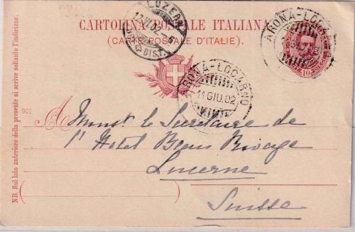 Italien - Arona Locarno Bahnpost 10 C. Ganzsachenkarte i.d. SCHWEIZ Baveno 1902