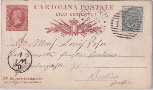 Italien - 10 C. V. Emanuel II. Ganzsachenkarte + Zusatz Torino - Berlin 1879