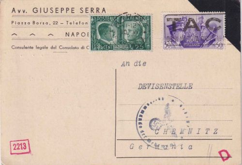Italien - 50+25 C. Waffenbrüder Zensurkarte Neapel - Chemnitz 1941
