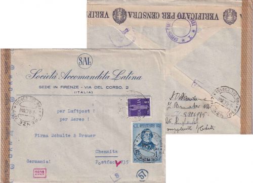 Italien - 1 L. Rossini u.a. Zensur-Luftpostbrief Florenz - Chemnitz 1943