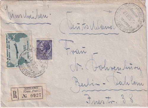 Italien - 185 L. Präsdentenflug u.a. Einschreibebrief Meran - Berlin 1961