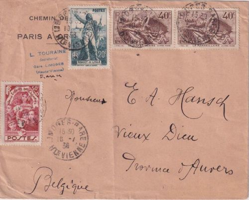 Frankreich - 50 C. Arbeitslosenkinder ua. Brief n. BELGIEN Limoges Vieux D. 1938